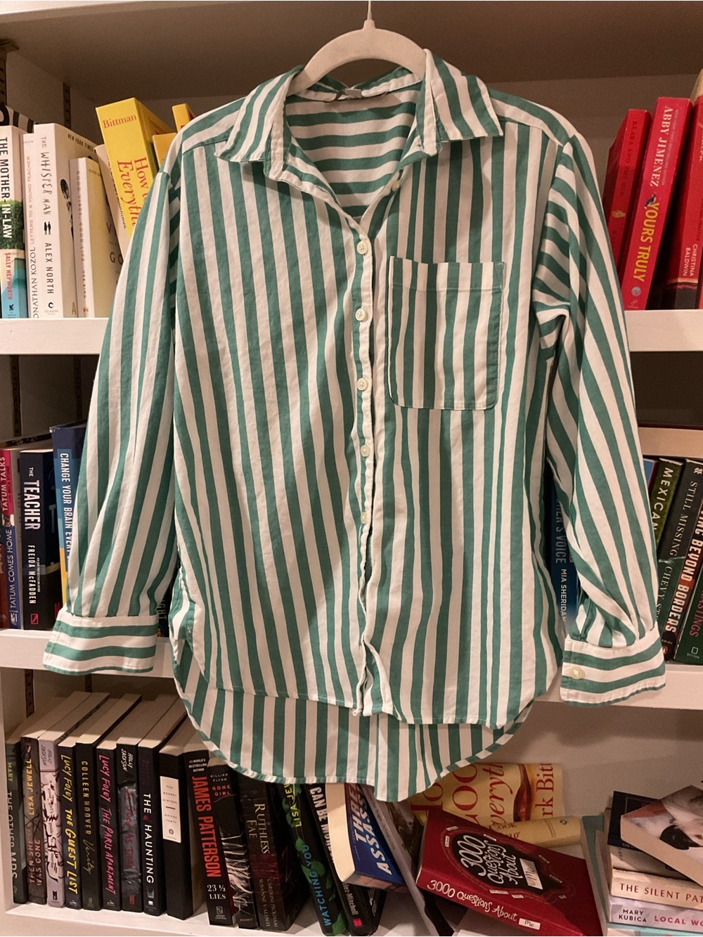 LOFT Green and White Striped Button-Down Shirt